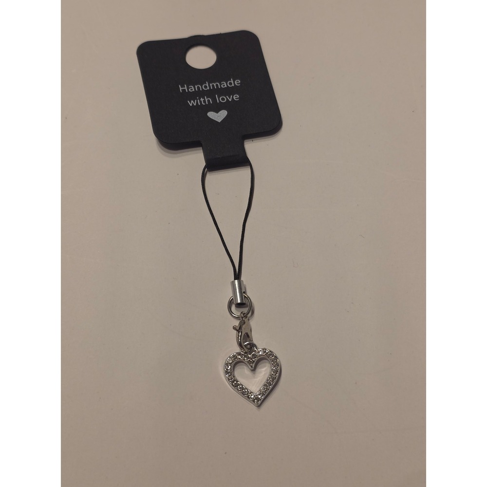 Silver Rhinestone Heart Phone Charm Handmade